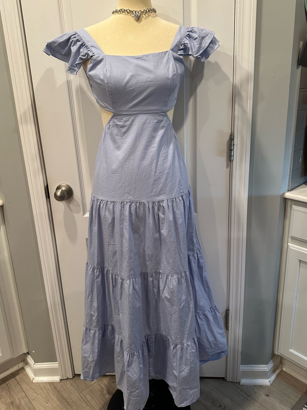 Altar'd State Cottagecore Light Blue Ruffle Sleeve Boho Maxi Dress with Cutouts
